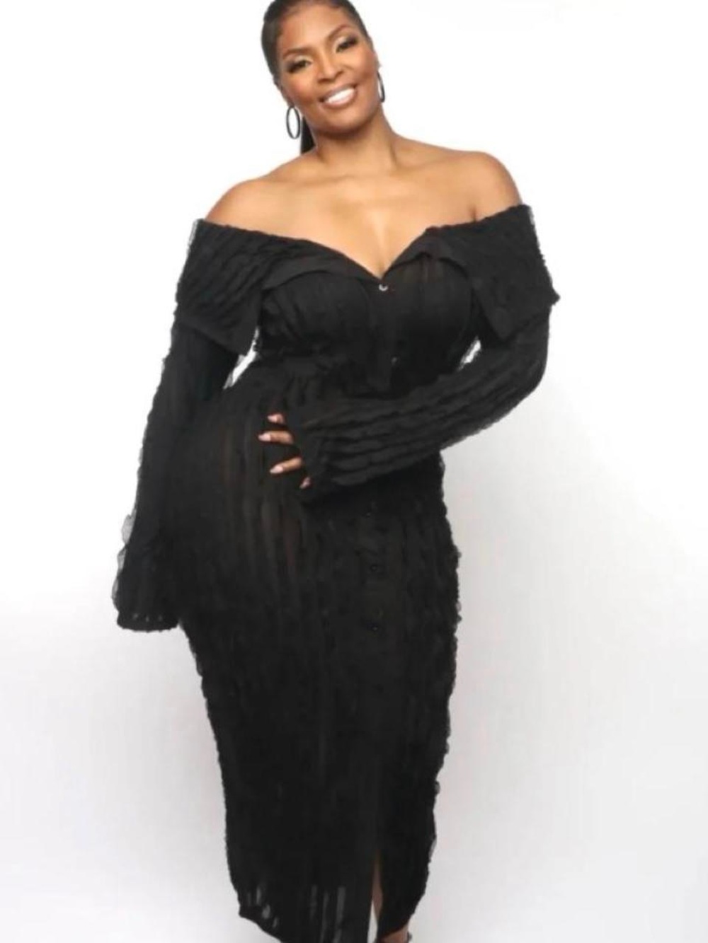 Micas Off-Shoulder Black Midi Dress